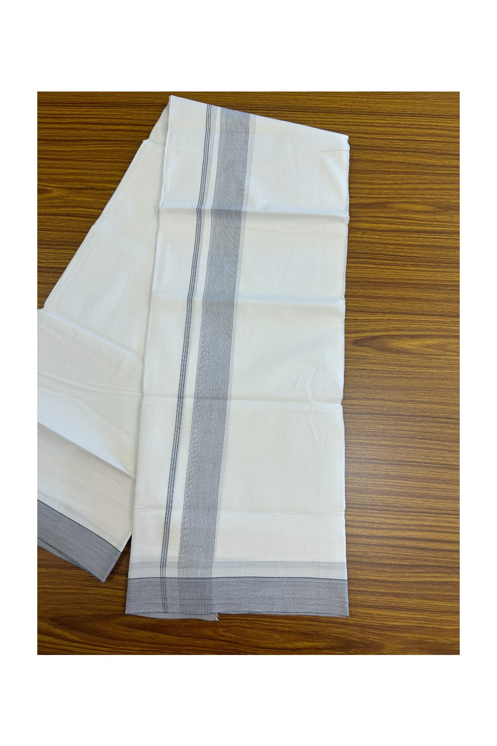 20% Discount ! Kaitharikada Balaramapuram 100% Cotton PURE WHITE Double Mundu/Dothi - 100x80 - 1.5 inch Ash Grey Stripes Kara 3.90 mtr (8 muzham) - 53KK5220 THI