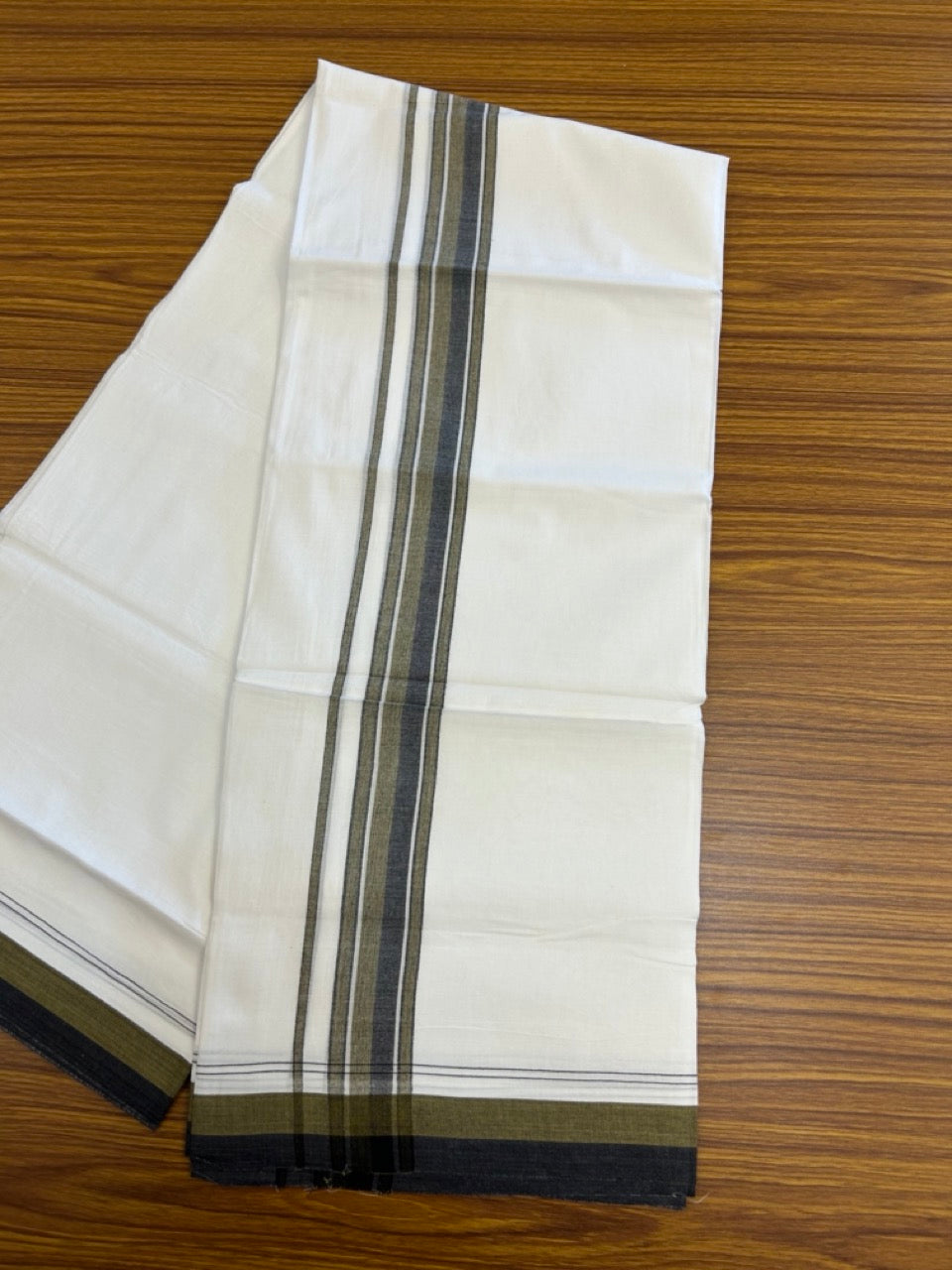 20% Discount ! NEW! KaithariKada Balaramapuram 100% Cotton Pure white Double Mundu/Dhoti - (100x80)s - 1.5 inch Sage Green Black Stripes Kara - 57 KK5249 VIN
