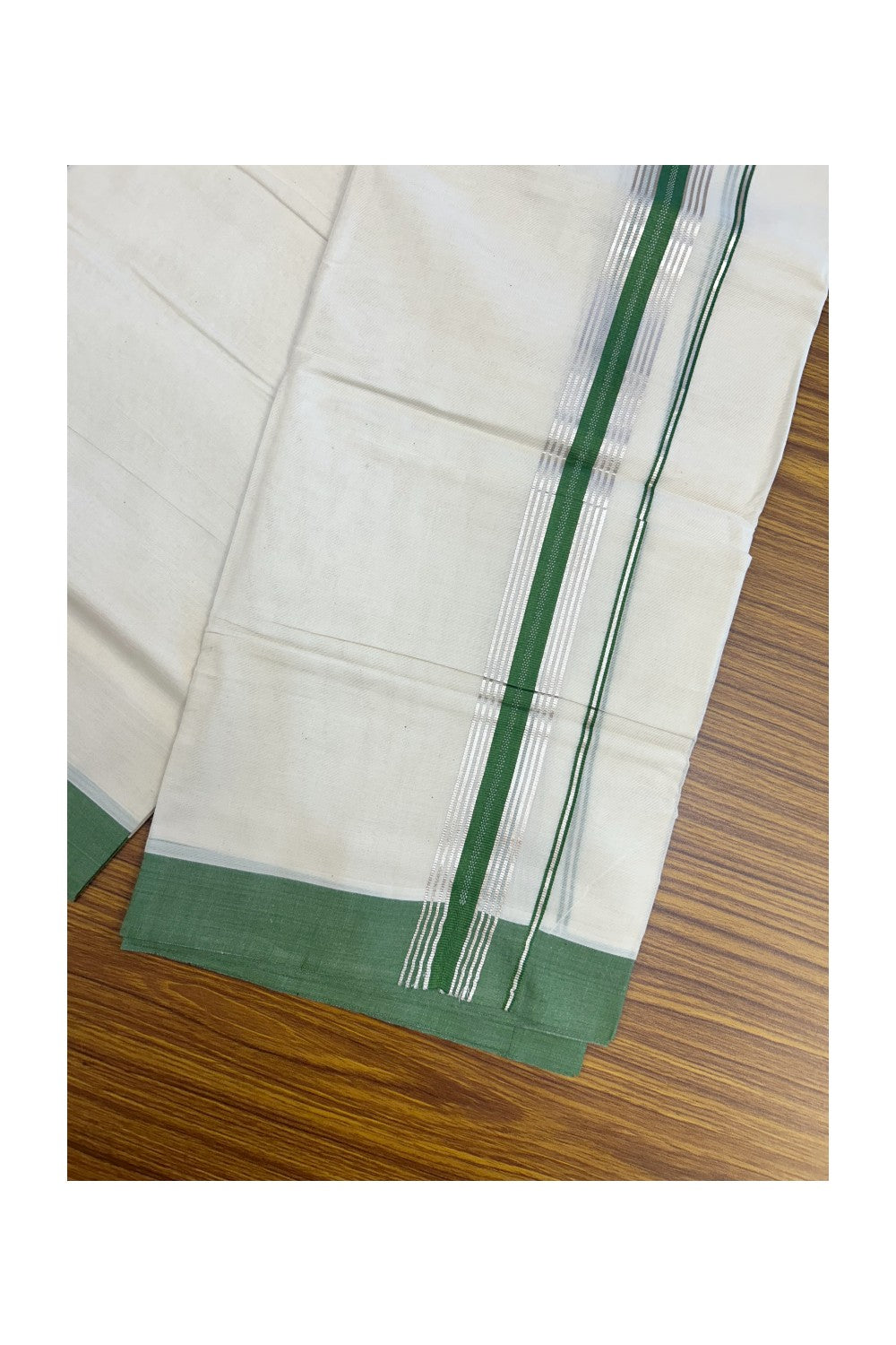 20% Discount ! KaithariKada Balaramapuram 100% Cotton Double OFF WHITE - (Unbleached) - Mundu / Dhoti- 100x80 -  1.5 inch Silver stripes Forest Green kara - 57KK5213 VIN
