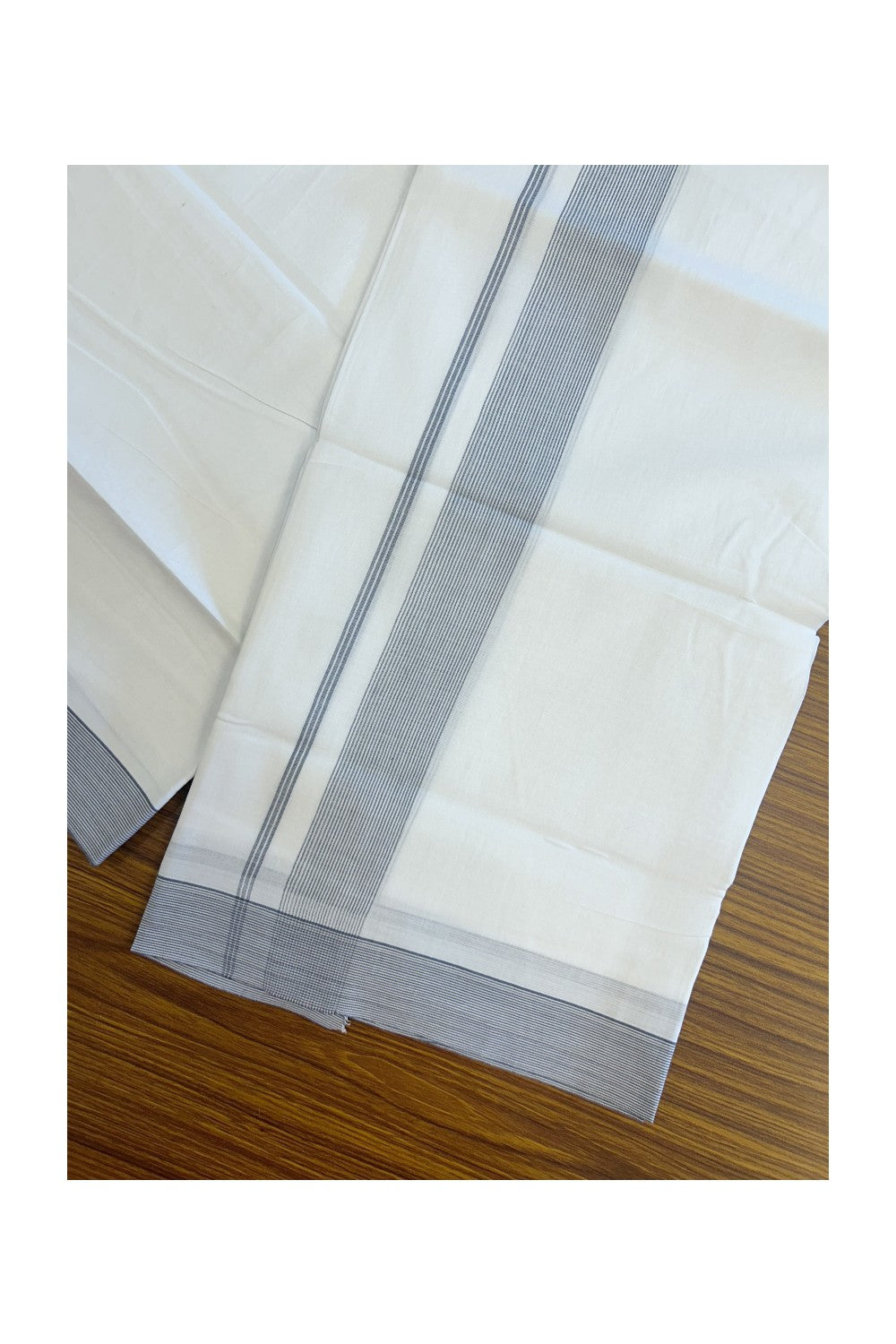 20% Discount ! Kaitharikada Balaramapuram 100% Cotton PURE WHITE Double Mundu/Dothi - 100x80 - 1.5 inch Ash Grey Stripes Kara 3.90 mtr (8 muzham) - 53KK5220 THI