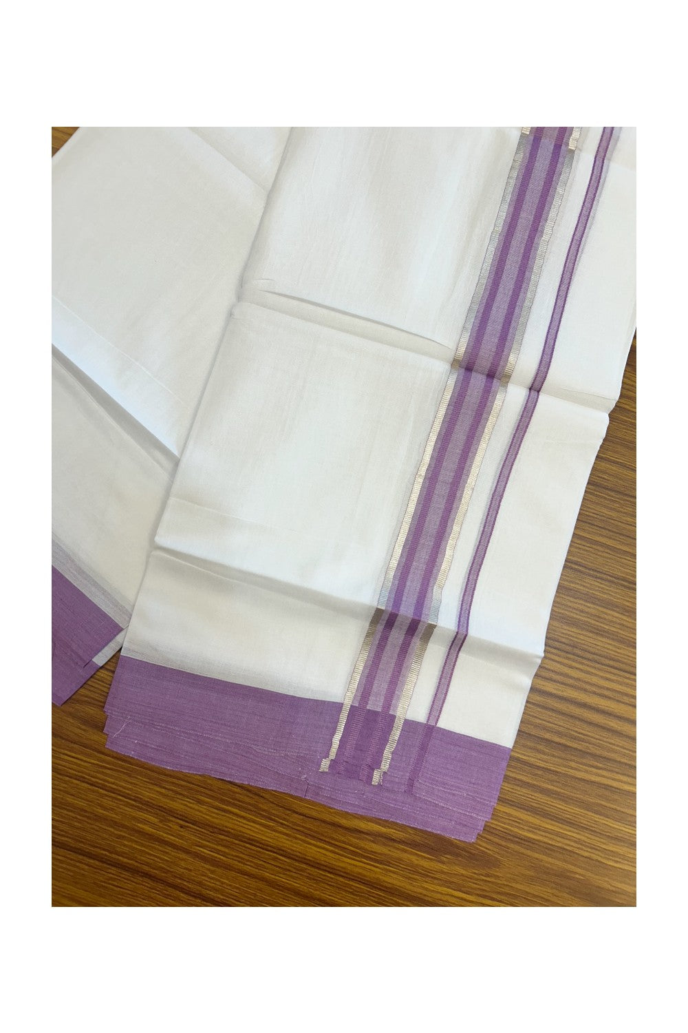 20% DISCOUNT! KaithariKada Balaramapuram 100% Cotton Double Pure white Mundu/Dhoti- 60s - 1.5 inch Silver Kasavu & Light Violet Striped Kara - 3.80mtr ( 8 muzham) - 57KK5227 PMC