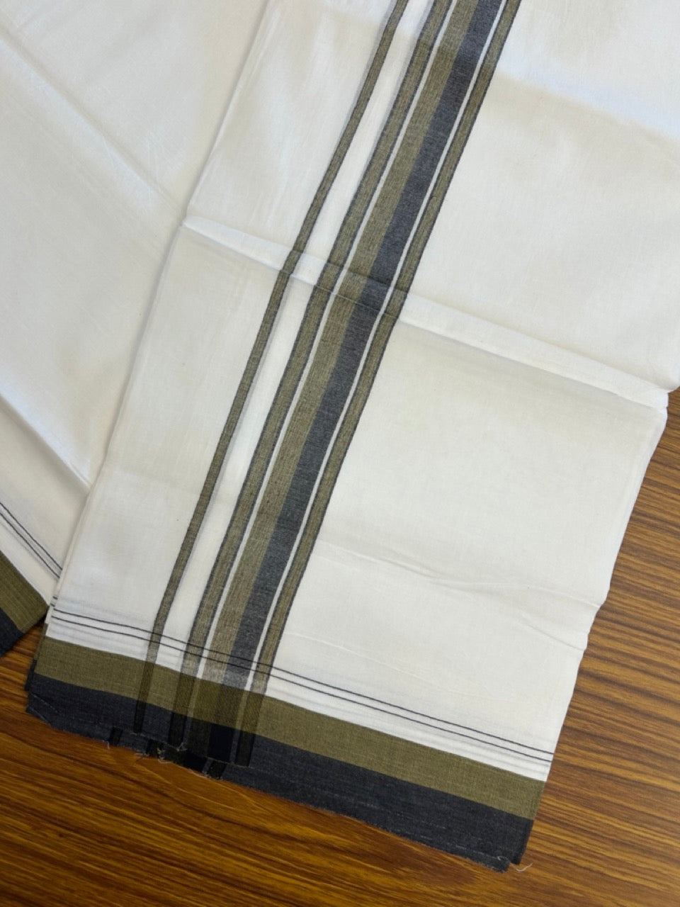 20% Discount ! NEW! KaithariKada Balaramapuram 100% Cotton Pure white Double Mundu/Dhoti - (100x80)s - 1.5 inch Sage Green Black Stripes Kara - 57 KK5249 VIN