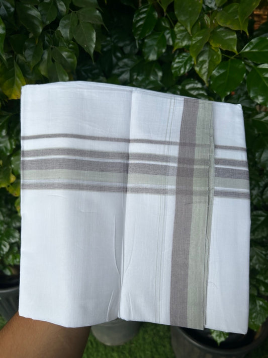 20% Discount ! NEW! KaithariKada Balaramapuram 100% Cotton Pure white Double Mundu/Dhoti - (100x80)s - 1.5 inch Pale Green Ash Stripes Kara - 58 KK5249 VIN