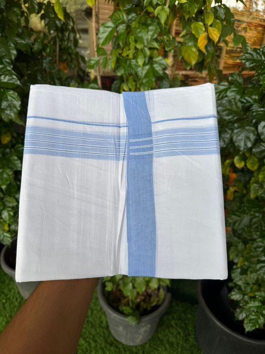 4.5 Meters (10 Muzham) - Pure white double 25% Discount ! KaithariKada Balaramapuram - 100% Pure Cotton 100x80 - Mundu/Dothi - 1.5 inch Sky Blue Shaded Kara  - 58 KK5258 THI