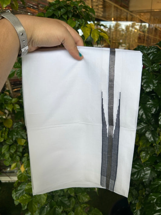 19% Discount ! NEW! KaithariKada Balaramapuram 100% Cotton Pure white Double Mundu/Dhoti - (100x80)s - 0.75 inch Black Silver Kasav - 57 KK5252 CKS