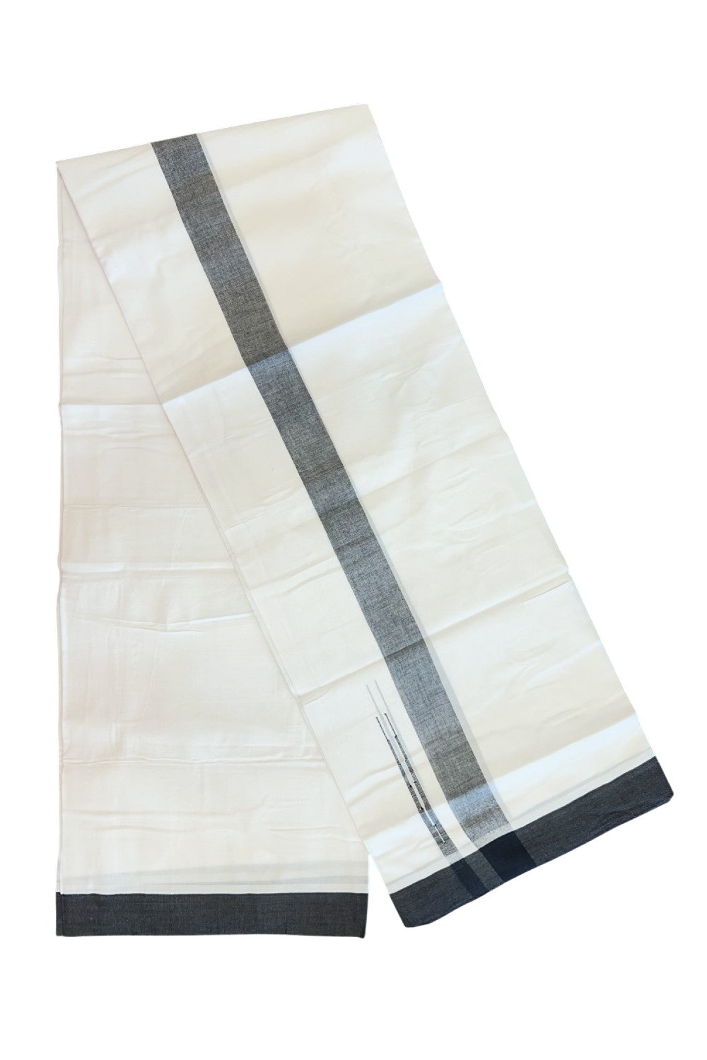 20% Discount ! Kaitharikada Balaramapuram 100% Cotton PURE WHITE Double Mundu/Dothi - 100x80 - 1.5 inch Black Shaded Chutty Kara - 58KK5182VAS