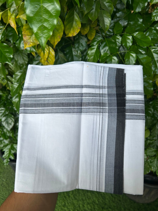 20% Discount ! NEW! KaithariKada Balaramapuram 100% Cotton Pure white Double Mundu/Dhoti - (100x80)s - 1.5 inch Blue Ash Black Stripes Kara - 59 KK5249 VIN