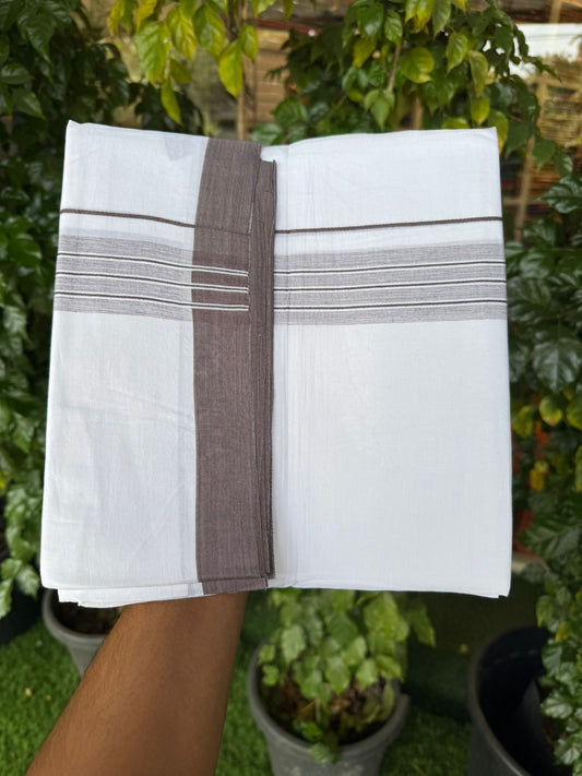 4.5 Meters (10 Muzham) - Pure white double 25% Discount ! KaithariKada Balaramapuram - 100% Pure Cotton 100x80 - Mundu/Dothi - 2 inch Dark Brown Shaded Kara  - 59 KK5258 THI