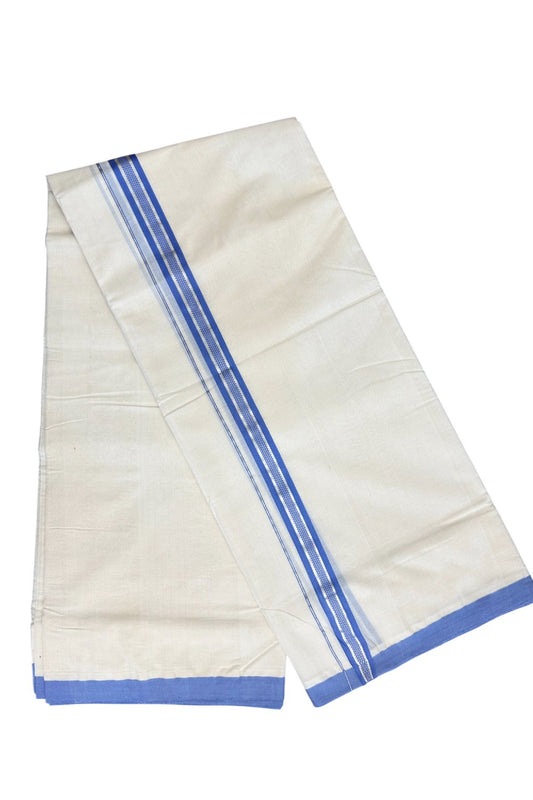 25% Discount!! KaithariKada HANDLOOM millpaav Balaramapuram - 100% PURE Cotton OFF White Double - (Unbleached) Mundu/Dothi - 1.75 inch Silver Kasavu & Lavender Blue Kara 4.5 Meters (10 Muzham) - 59KK5029RAM