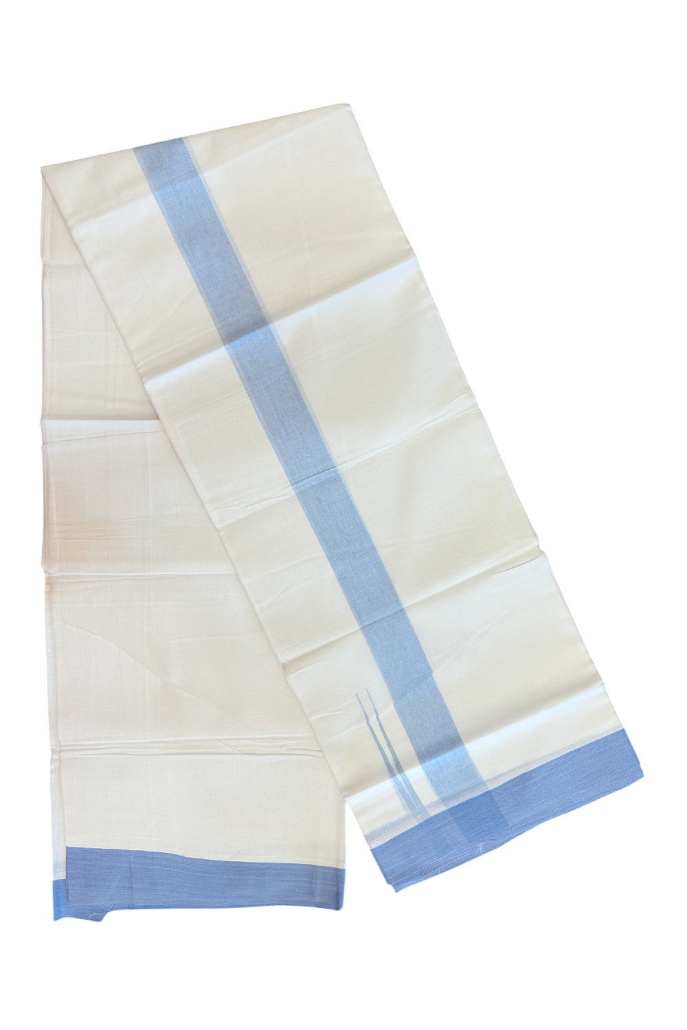 20% Discount ! Kaitharikada Balaramapuram 100% Cotton PURE WHITE Double Mundu/Dothi - 100x80 - 1.5 inch Sky Blue Shaded Chutty Kara - 59KK5182VAS