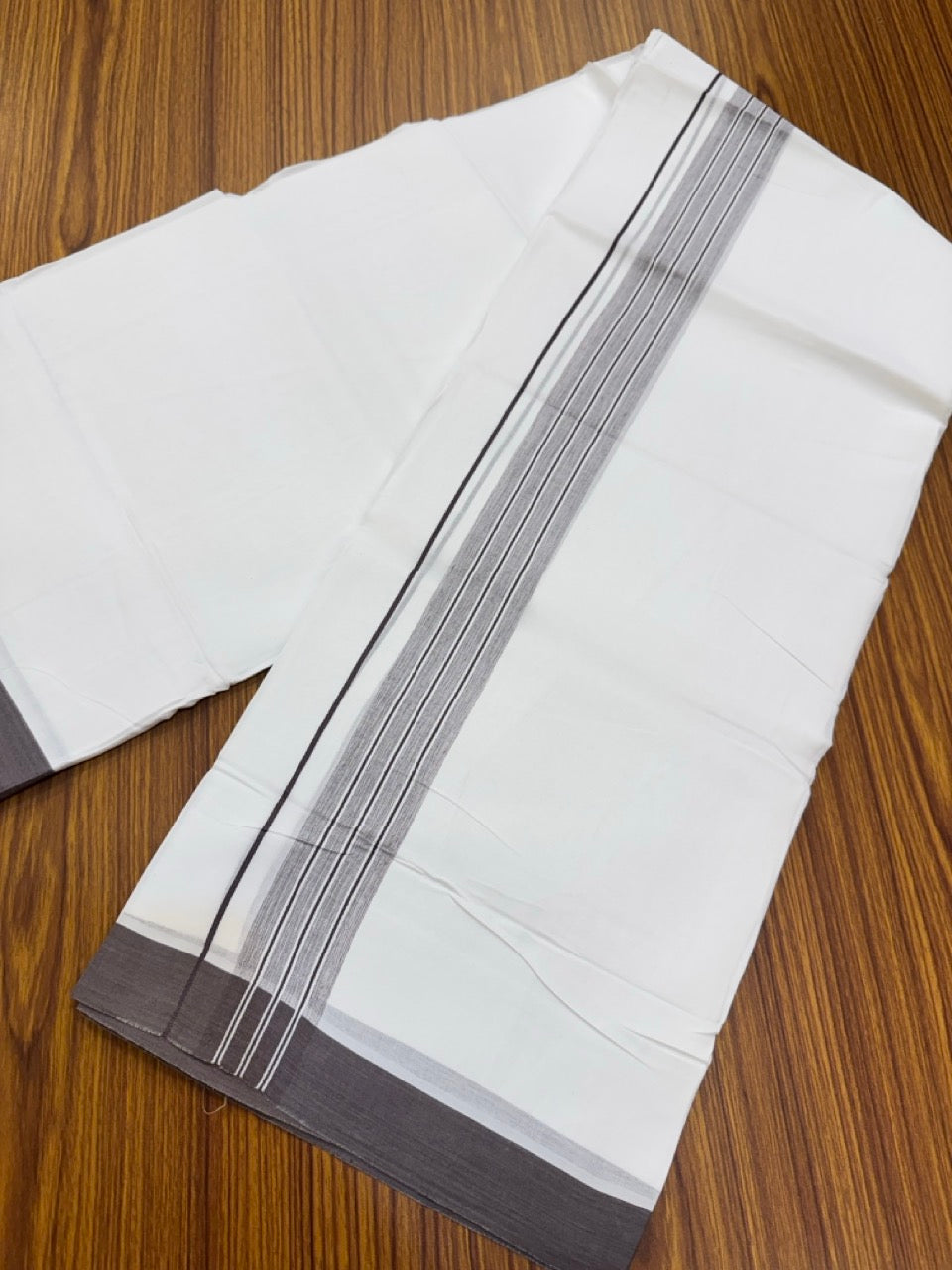 4.5 Meters (10 Muzham) - Pure white double 25% Discount ! KaithariKada Balaramapuram - 100% Pure Cotton 100x80 - Mundu/Dothi - 2 inch Dark Brown Shaded Kara  - 59 KK5258 THI