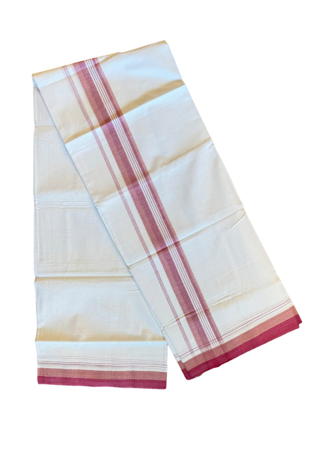 19% DISCOUNT!!! KaithariKada Balaramapuram 100% Cotton Double PURE white Mundu/Dhoti-100x100   2.5 Inch Maroon shades & white striped kara  - 59KK83VIN