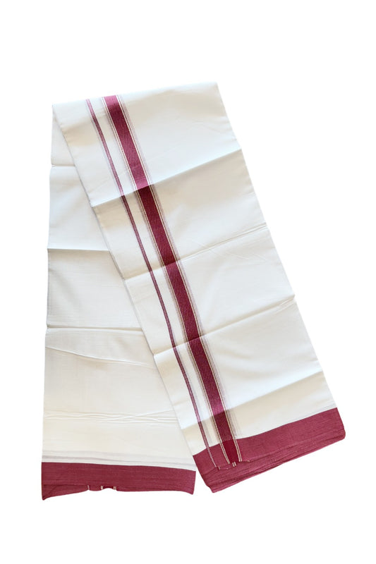 24% DISCOUNT!! Kaitharikada Balaramapuram 100% Cotton PURE WHITE Double Mundu./Dothi-100x80  2 Inch MAROON MAGENTA + SILVER Striped Cotton Kara - 59KK45VAS.