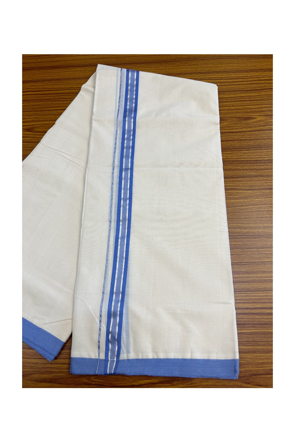 25% Discount!! KaithariKada HANDLOOM millpaav Balaramapuram - 100% PURE Cotton OFF White Double - (Unbleached) Mundu/Dothi - 1.75 inch Silver Kasavu & Lavender Blue Kara 4.5 Meters (10 Muzham) - 59KK5029RAM