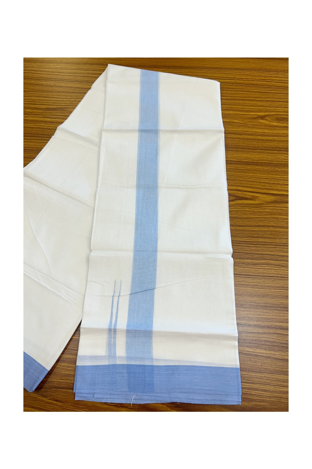 20% Discount ! Kaitharikada Balaramapuram 100% Cotton PURE WHITE Double Mundu/Dothi - 100x80 - 1.5 inch Sky Blue Shaded Chutty Kara - 59KK5182VAS