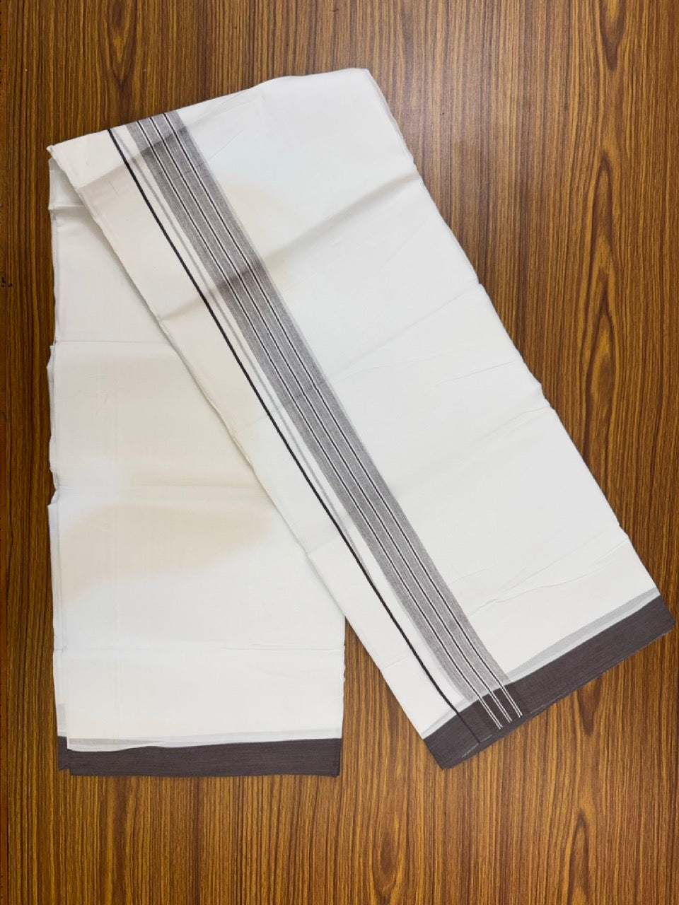 4.5 Meters (10 Muzham) - Pure white double 25% Discount ! KaithariKada Balaramapuram - 100% Pure Cotton 100x80 - Mundu/Dothi - 2 inch Dark Brown Shaded Kara  - 59 KK5258 THI