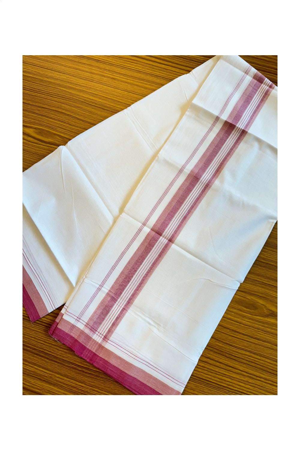 19% DISCOUNT!!! KaithariKada Balaramapuram 100% Cotton Double PURE white Mundu/Dhoti-100x100   2.5 Inch Maroon shades & white striped kara  - 59KK83VIN