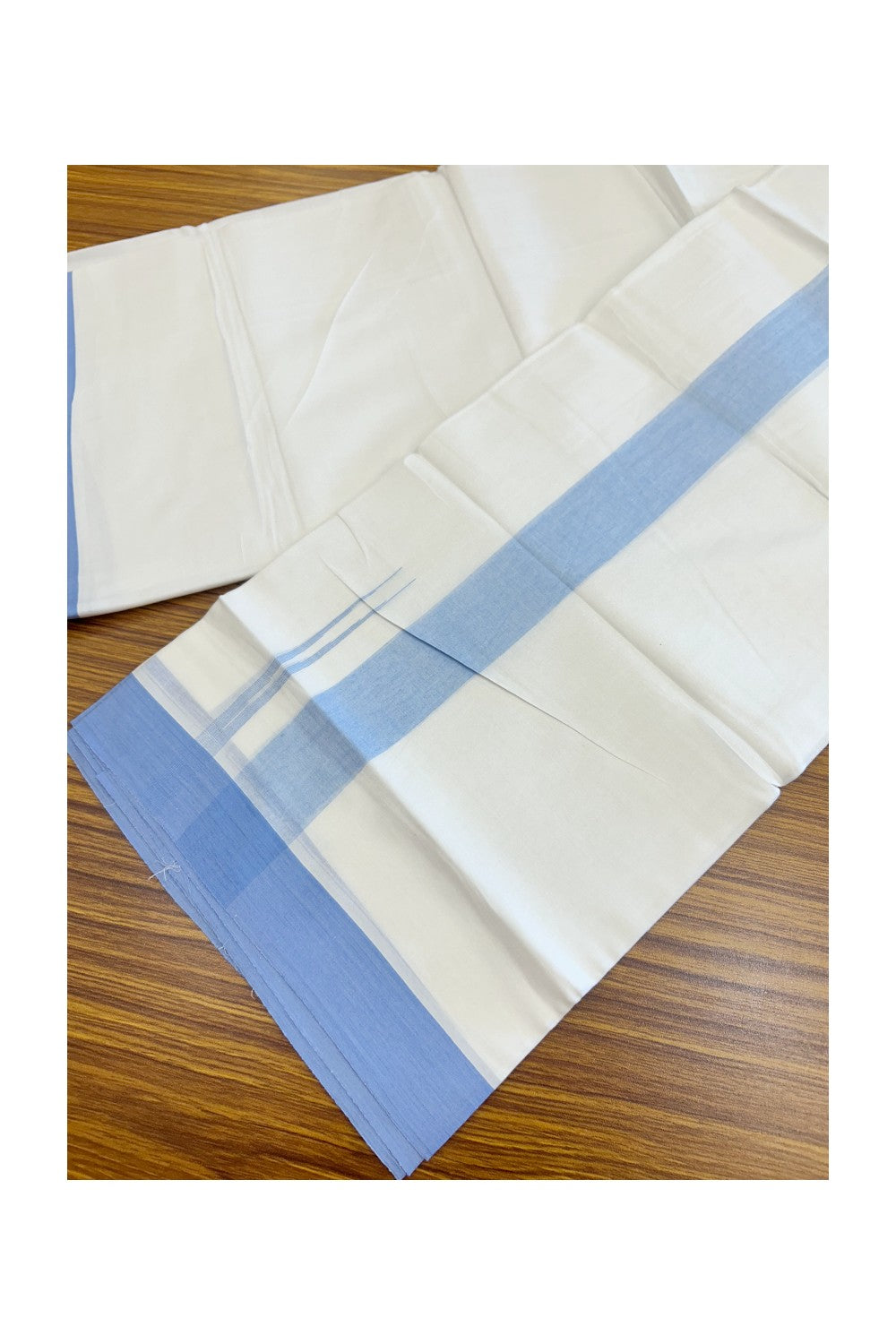 20% Discount ! Kaitharikada Balaramapuram 100% Cotton PURE WHITE Double Mundu/Dothi - 100x80 - 1.5 inch Sky Blue Shaded Chutty Kara - 59KK5182VAS