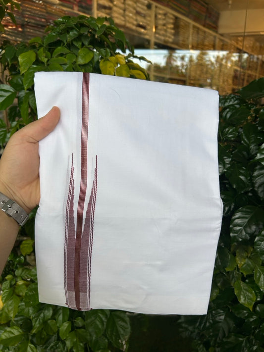 19% Discount ! NEW! KaithariKada Balaramapuram 100% Cotton Pure white Double Mundu/Dhoti - (100x80)s - 0.75 inch Maroon Silver Kasav - 59 KK5252 CKS