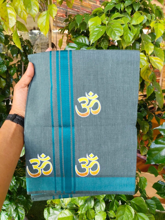 21% Discount ! Kaitharikada Pure Cotton - Single Kaily / Lungi - (40s) - 1.25 inch Peacock Green Striped Ohm Printed Design kara with Green Shaded colour body  (2 meter / 4 muzham) - 36 KK8028 GAN
