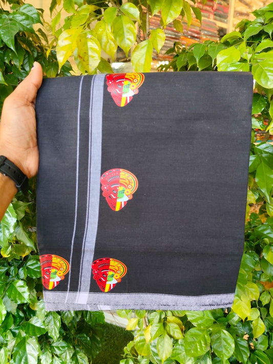 9% Discount !! Kaitharikada Pure Cotton - Single Kaily / Lungi - (40s) - 0.5 inch Printed Theyyam Kadhakali Printed Design kara with Black colour body (2 meter / 4 muzham) - 21 KK8028 GAN