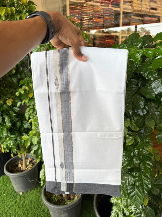 20% Discount ! Kaitharikada Balaramapuram 100% Cotton Pure White Double Mundu/Dothi - 100x80 - 1.5 inch Black & Silver Kasav Design Kara 4 mtr (8.5 muzham) - 67 KK5255 VAS