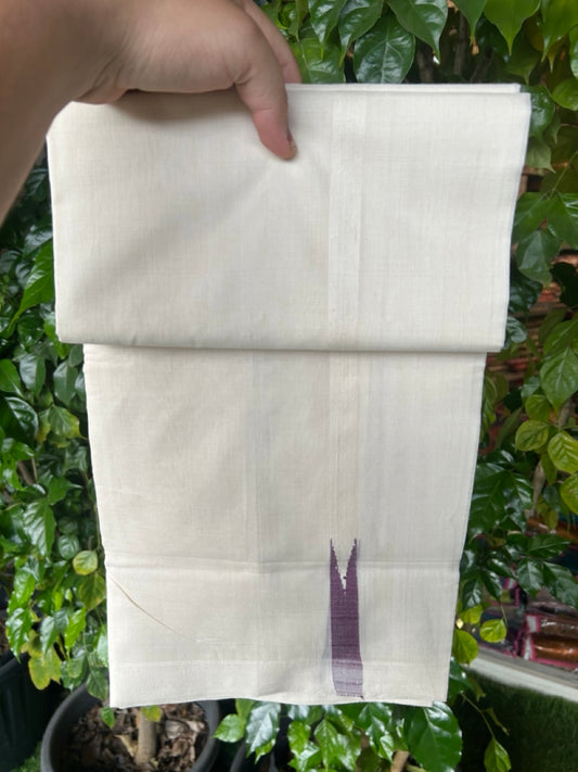 25% Discount!!! KaithariKada HANDLOOM UNAKKUPAAV Balaramapuram - 100% PURE Cotton OFF WHITE (Unbleached) Double Mundu/Dhoti - 80x90 - 1.5 cm Wine Purple chutty kara  4 Mtr (8.5 Muzham) - 6KK5235 YAR