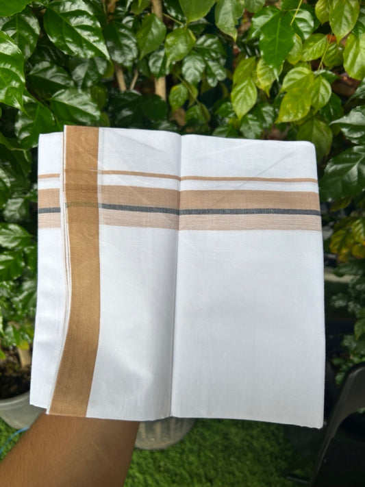 24 % Discount !! KaithariKada Balaramapuram 100% Cotton Pure white Single Mundu/Dhoti - Twisted 60s Thread- 1.25 inch Sand Brown & Black Shaded Kara (2 meter / 4 muzham) - 6KK5241 GL
