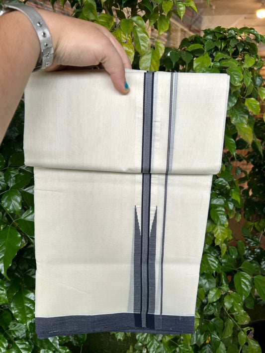 25% DISCOUNT!! KaithariKada HANDLOOM  UNAKKUPAAV Balaramapuram - 100% PURE Cotton OFF White - (Unbleached) Double Mundu/Dothi - 100 x 80 - 1.5 inch Navy Blue Chutty Kara - 4meter - 6 KK5249 REA