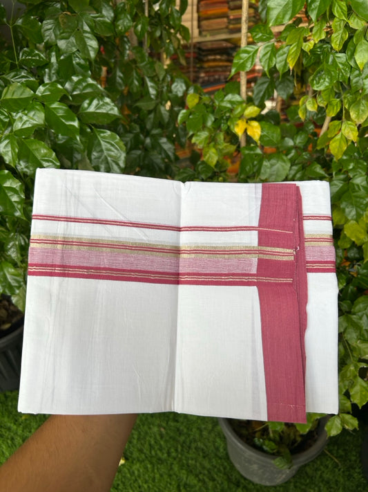 Short Dhoti Special - 28% Discount ! KaithariKada 100% Cotton Pure White Double Mundu / Dhoti - 100x80 - 45 inch Height 3.80 m Length  1.5 inch Maroon Magenta Mix Silver Kasav kara - 6 KK5258 THI