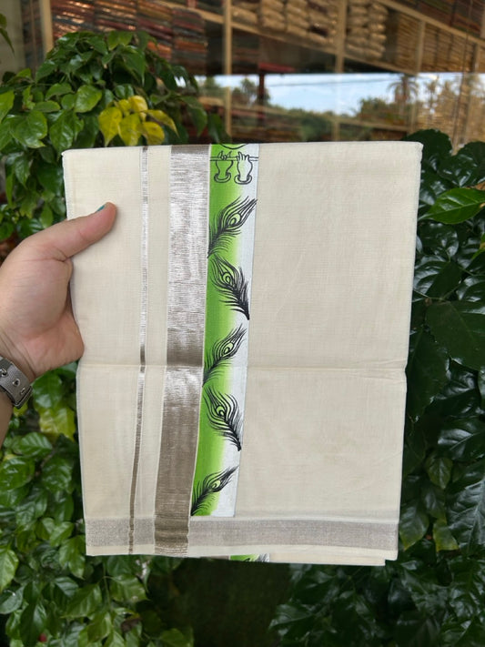 24% Discount! Hand Painted - KaithariKada 100% Cotton Double Off white - (Ubleached) Mundu / Dhoti - 100x80 1 inch Silver Kasavu & Hand Painted Krishna Peacock - 6 KK5259 CKS
