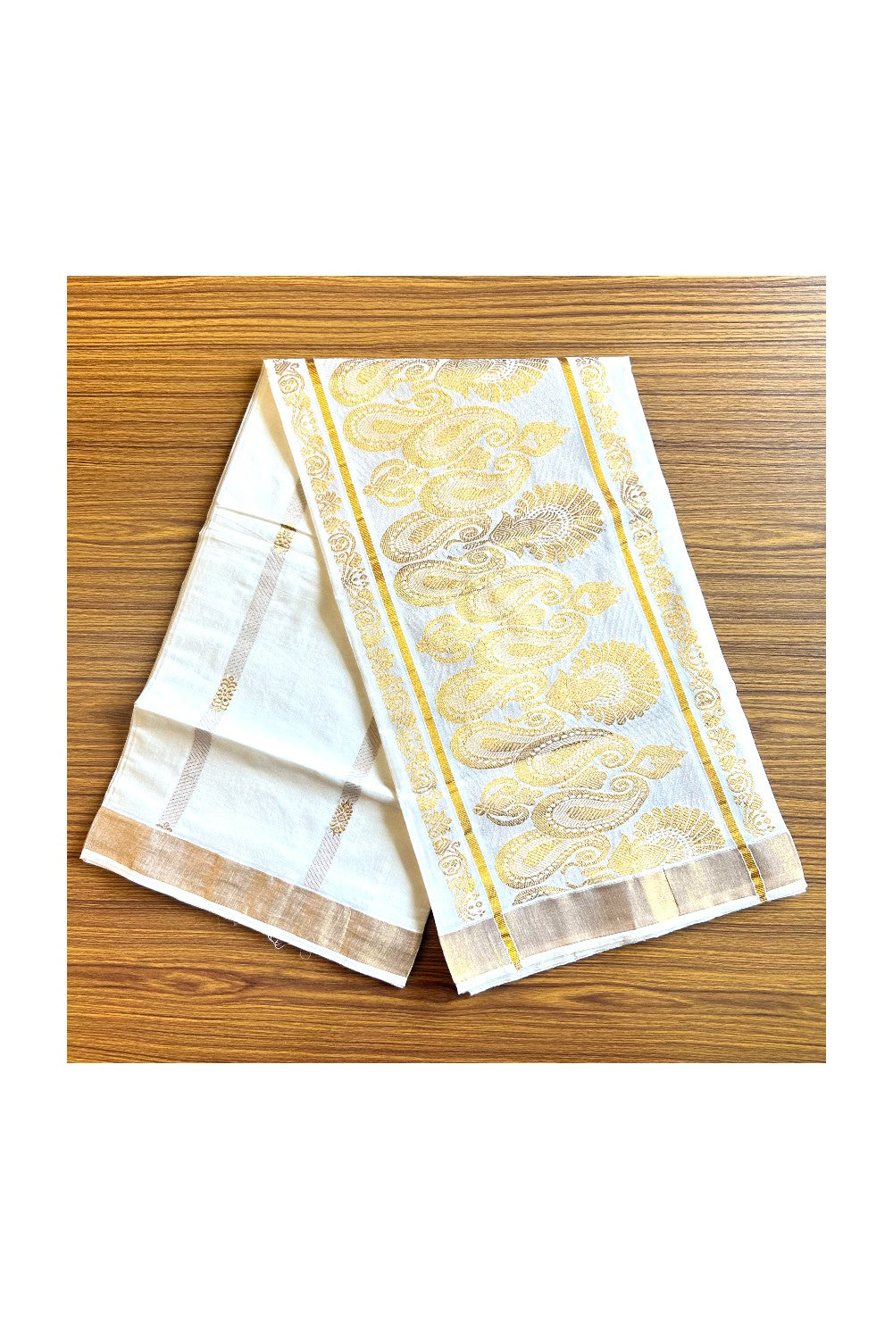 23% Discount!!! Kaitharikada Kerala Cotton Saree Off white - 29.25 inch Kasav Zari with Peacock Pattern Putta Design- 6KK1002JEE