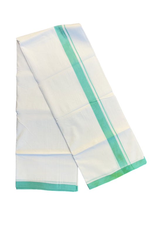 30% Discount! KaithariKada Balaramapuram Handloom 100% Millpaav Cotton Double Mundu/Dhoti Pure white - 100x100 Aqua Green Mulloth Border 3.70m (8 Muzham) - 6KK404RAM
