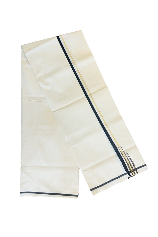 28% DISCOUNT ! KaithariKada Balaramapuram 100% COTTON SINGLE OFF WHITE - (Unbleached) Mundu/Dhoti-100X100-  1.cm (2 meter / 4 muzham) Black & Kasavu double chutty Puliyilakkara - 6KK405ASH