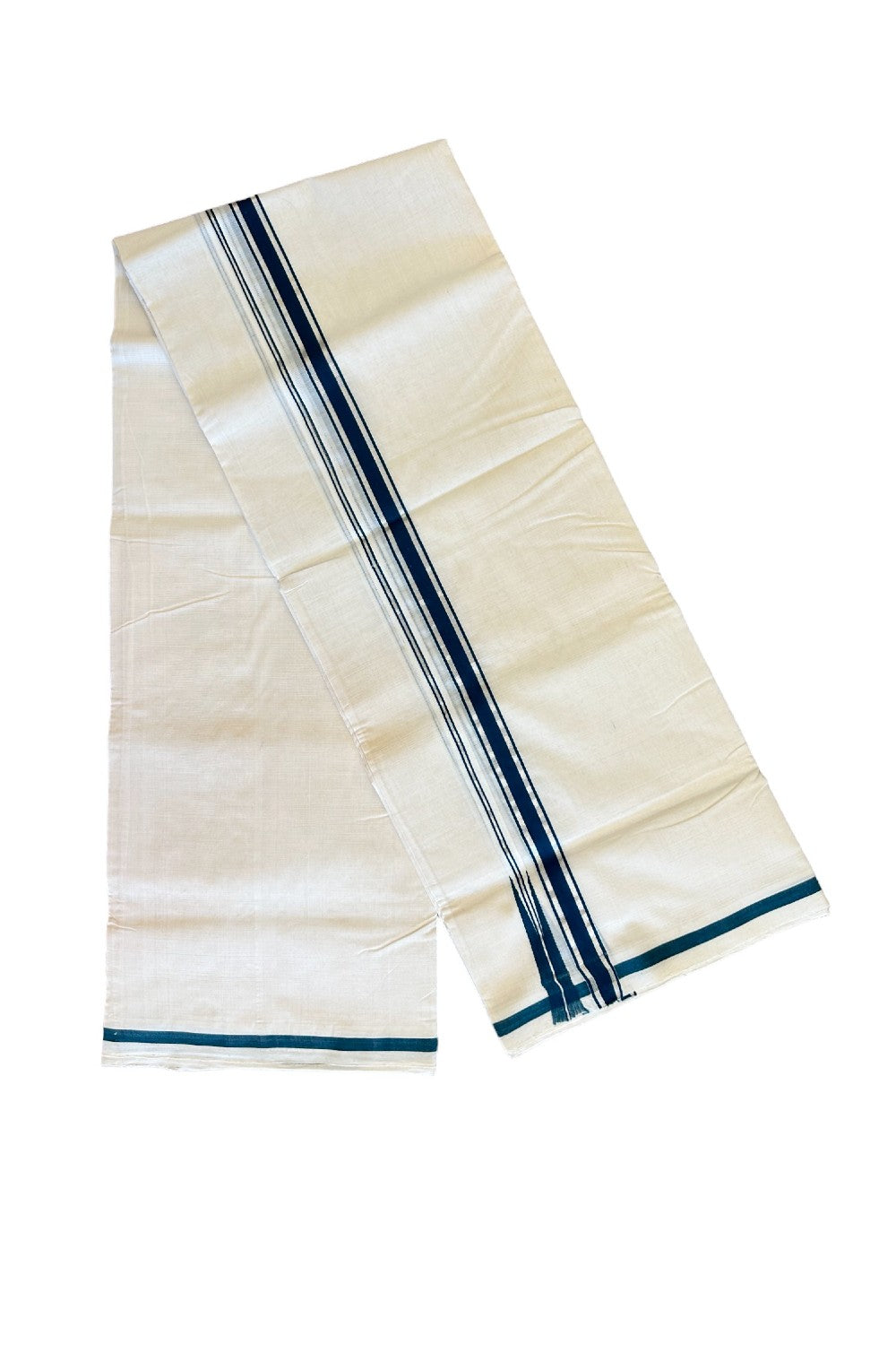 20% Discount!!! KaithariKada HANDLOOM UNAKKUPAAV Balaramapuram - 100% PURE Cotton off white (Unbleached) Double Mundu/Dhoti - 1 inch Silver kasavu & Peacock green puliyilakkara chutty - 6KK415SOM