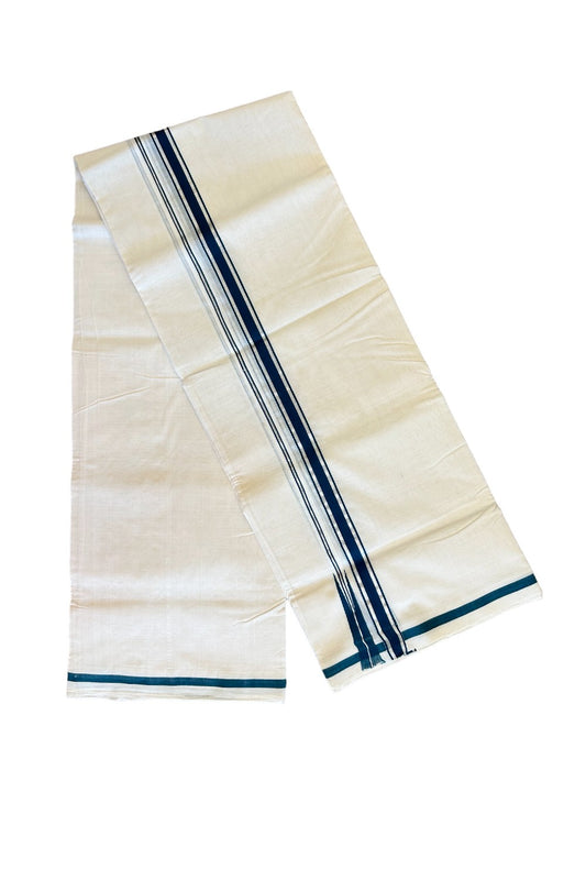 20% Discount!!! KaithariKada HANDLOOM UNAKKUPAAV Balaramapuram - 100% PURE Cotton off white (Unbleached) Double Mundu/Dhoti - 1 inch Silver kasavu & Peacock green puliyilakkara chutty - 6KK415SOM
