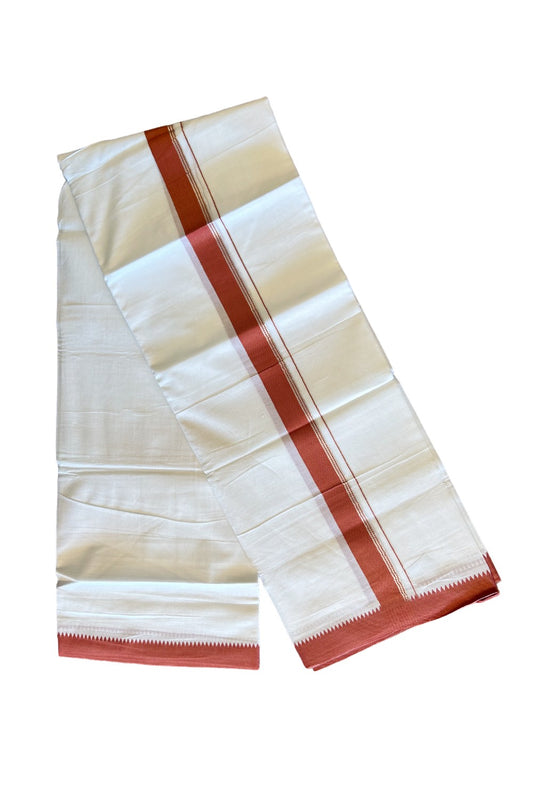 15% DISCOUNT!! Kaitharikada Balaramapuram 100% Cotton Ultra WHITE Double Mundu/Dothi-100x90  1.75 Inch Brick red & Silver striped kara with Kuppadam border - 6KK430VAS