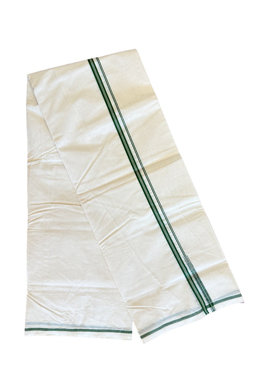 44% DISCOUNT! KaithariKada Balaramapuram 100% Cotton  Off white (Unbleached) Double Mundu/Dhoti-100x100 - 1cm Puliyilakkara Green Striped Chutty Kara - Above 4 mtr - 10KK455ASH