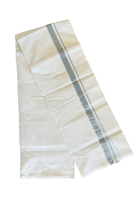 25% DISCOUNT!! KaithariKada HANDLOOM Millpaav Balaramapuram - 100% PURE Cotton OFF White (Unbleached) Double Mundu/Dothi - Dark green & Silver kasavu Striped kara 1.5 inch (8.30 Muzham) - 6KK458SOM
