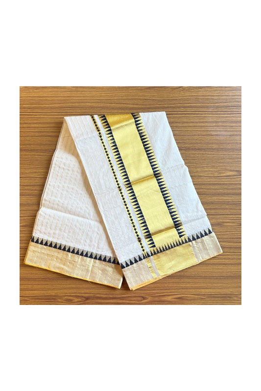 KaithariKada HANDLOOM UNAKKUPAAV Balaramapuram Kerala Saree for Women - 100% PURE  Cotton with Kasavu stripes & Navy blue Temple pattern design  - 6KK483KK