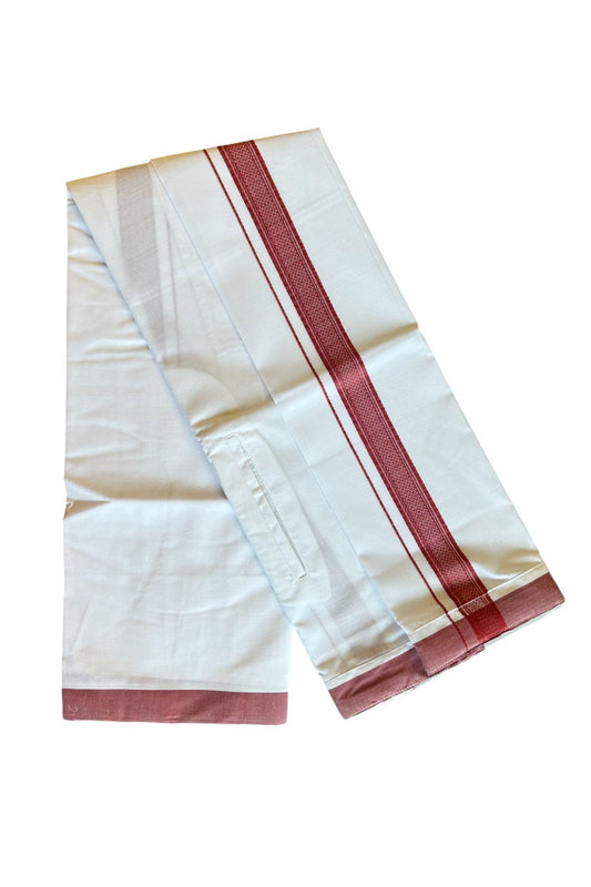 KaithariKada Balaramapuram  COTTON SINGLE PURE WHITE VELCRO Mundu/Dhoti - 1.75inch Brick Red kara (2 metre / 4 muzham) - 6KK485SRI