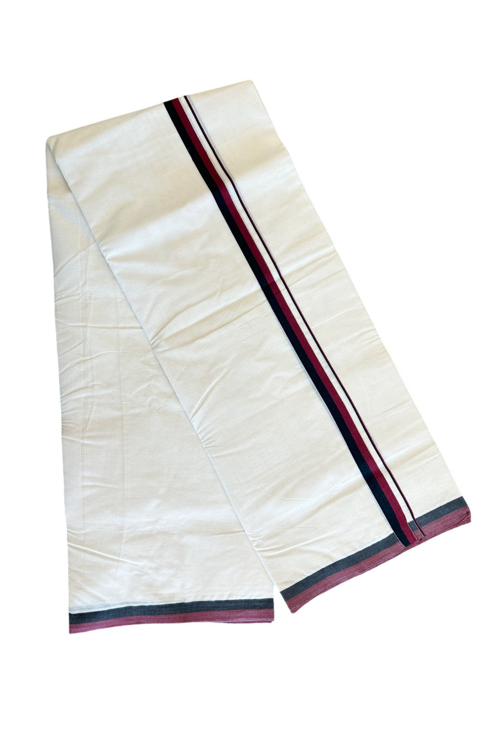 DMK Veshti - 22% DISCOUNT! KaithariKada 100% Cotton off white Double - (Unbleached) Mundu/Dhoti - 100X100 - 1 inch Black & Maroon shaded kara - 1KK489ASH