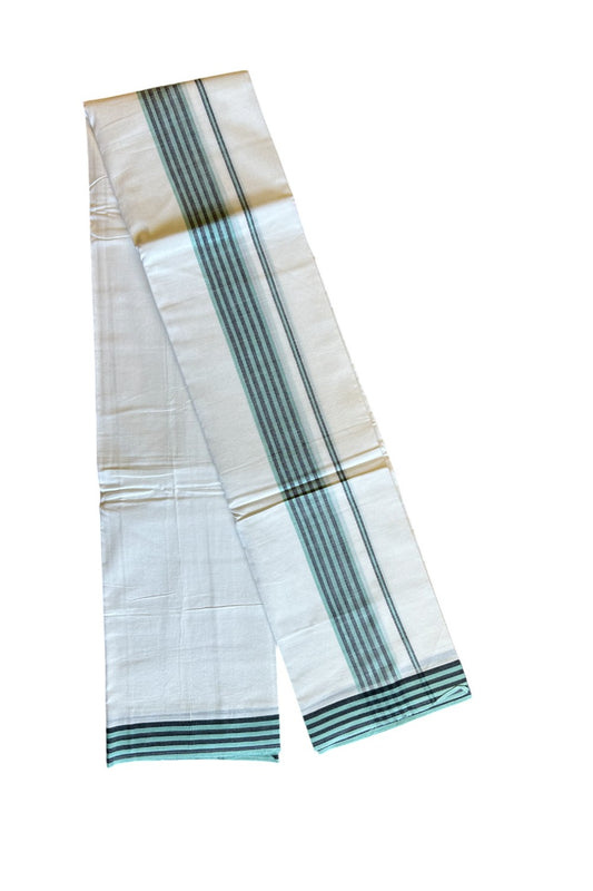 29% DISCOUNT! KaithariKada Balaramapuram 100% Cotton PURE WHITE Double Mundu/Dhoti-100x100 2.5 inch Turqouise & Black Stripes Cotton kara 3.70m- 6KK493RAM