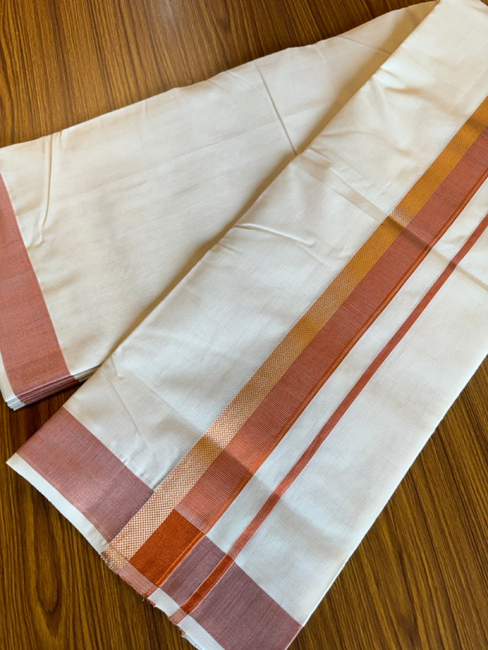30% DISCOUNT!! KaithariKada HANDLOOM Millpaav Balaramapuram - 100% PURE Cotton OFF White - (Unbleached) Double Mundu/Dothi - 3.15 inch COPPER GOLD kasavu stripes kara - 6KK495RAM