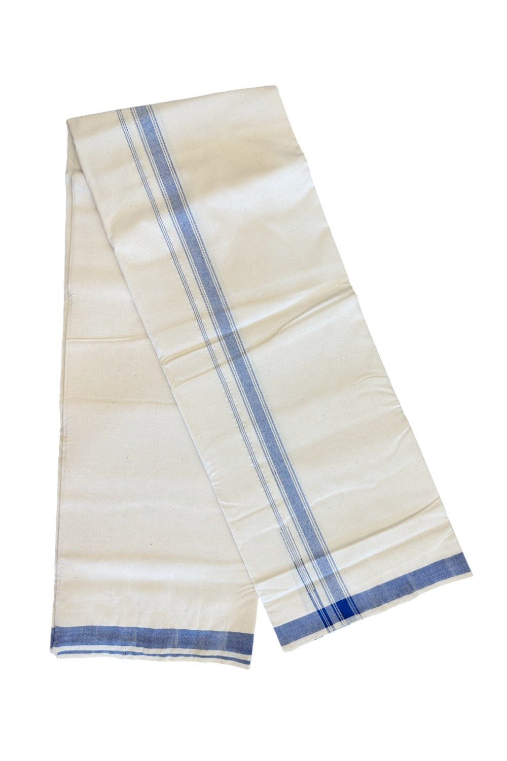 30% Discount KaithariKada 100% Cotton Balaramapuram HANDLOOM Single Mundu/Dhoti - Off White - (Unbleached) Puliyilakara Blue Striped Chutty Kara(2 meter / 4 muzham)  - 6KK499KK