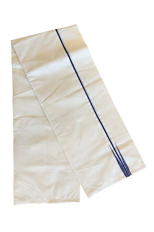30% DISCOUNT!! KaithariKada HANDLOOM Millpaav Balaramapuram - 100% PURE Cotton OFF White - (Unbleached) Double Mundu/Dothi -1 inch Puliyilakkara silver kasavu & Navy Blue Striped Chutty - 6KK5011RAM