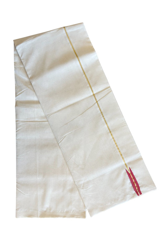 30% DISCOUNT!! KaithariKada HANDLOOM Unakkupaav Balaramapuram - 100% PURE Cotton OFF White Double - (Unbleached) Mundu/Dothi - Kasavu Pink Red puliyilakkara chutty- 6KK5029RAM