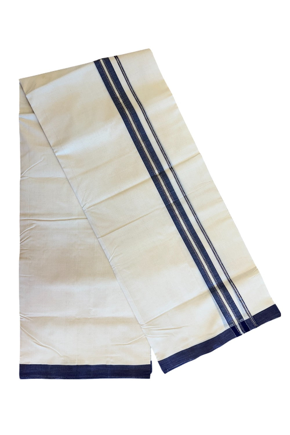 25% DISCOUNT!! KaithariKada HANDLOOM UNAKKUPAAV Balaramapuram - 100% PURE Cotton OFF White Double - (Unbleached)- Mundu/Dothi - 1.75 inch Navy Blue & Silver Stripes Kara 4.5 Meters (10 Muzham) - 6KK5041SOM