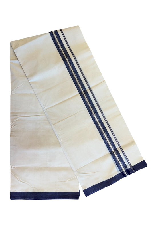 25% DISCOUNT!! KaithariKada HANDLOOM UNAKKUPAAV Balaramapuram - 100% PURE Cotton OFF White Double - (Unbleached)- Mundu/Dothi - 1.75 inch Navy Blue & Silver Stripes Kara 4.5 Meters (10 Muzham) - 6KK5041SOM