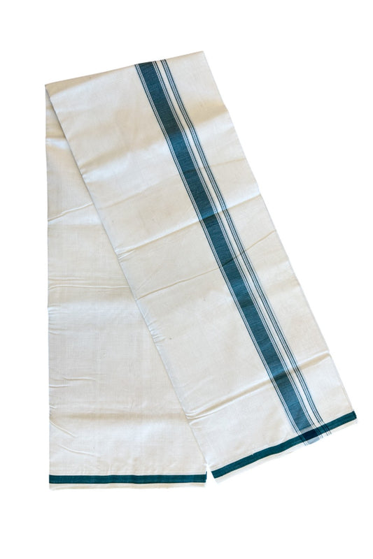30% Discount KaithariKada HANDLOOM Unakkupaav Balaramapuram - 100% PURE Cotton off white (Unbleached) Double Mundu/Dhoti -1.75 inch Dark Green with stripes & Solid kara-166